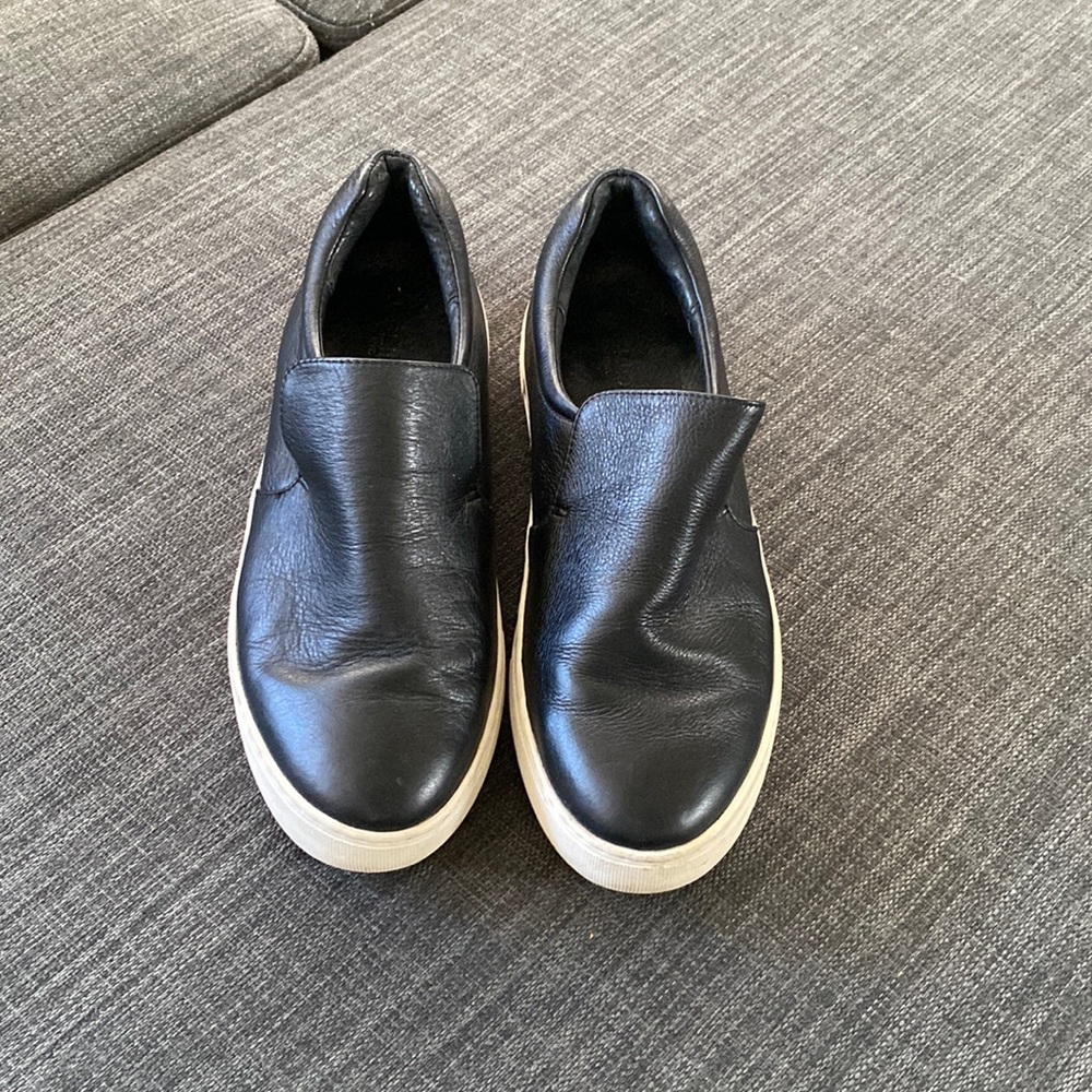 J Slides black leather slip on shoes